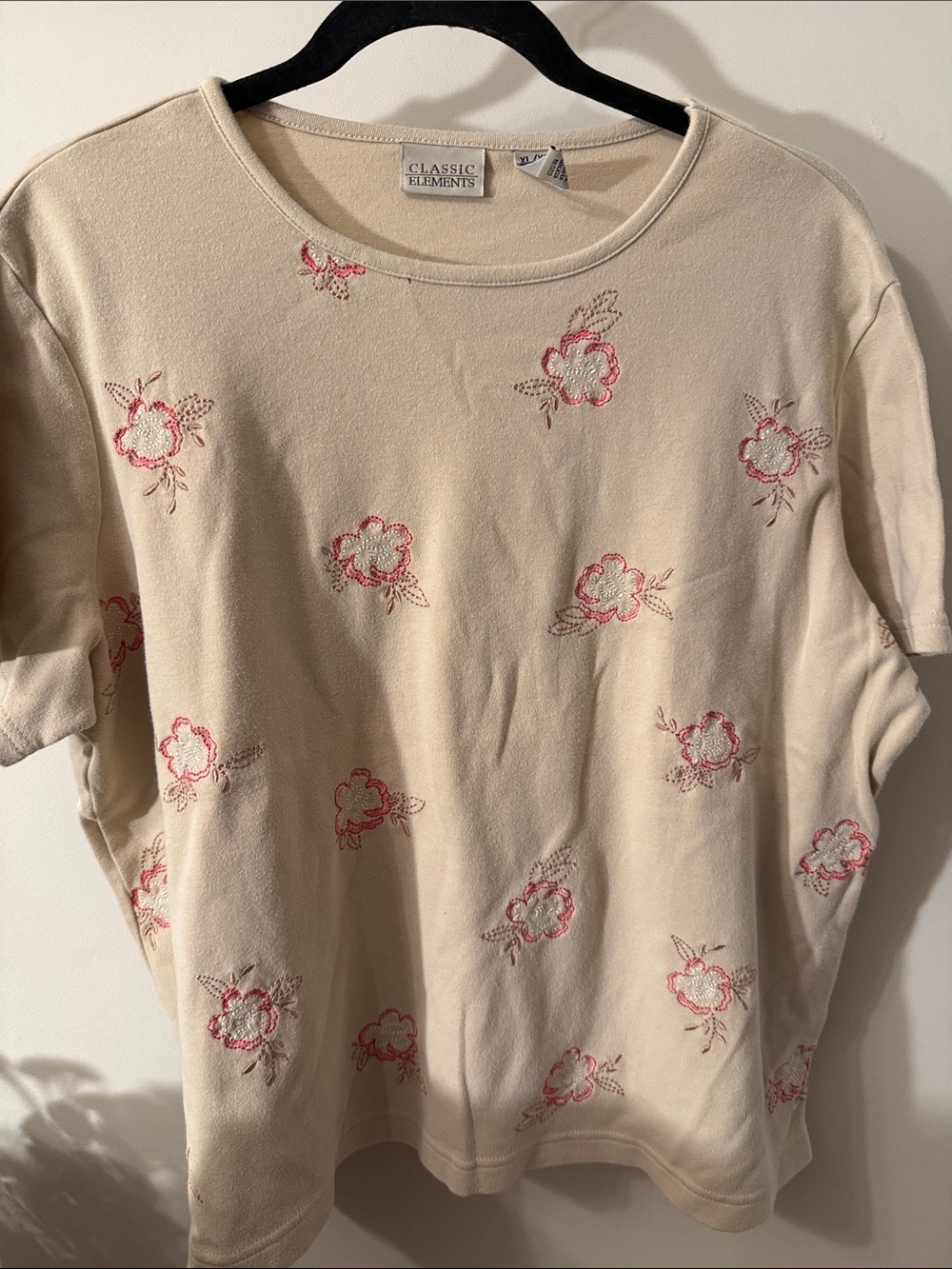 Classic Elements Cream Short Sleeve Tee with Pink Floral Embroidery